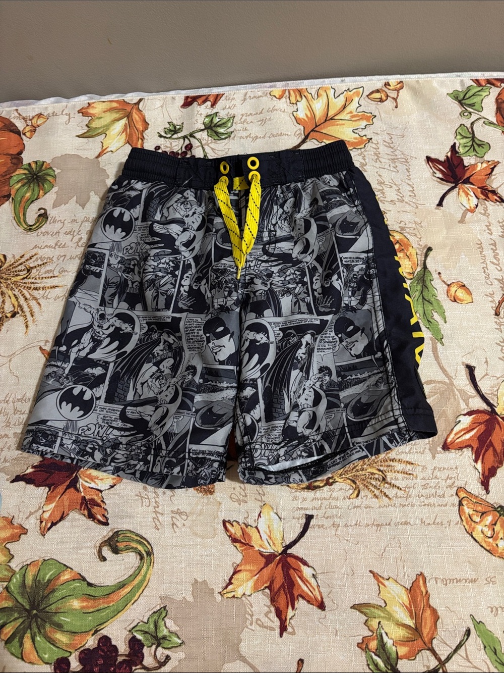 Batman Black & Gray Comic-Print Swim Trunks with Yellow Drawcord